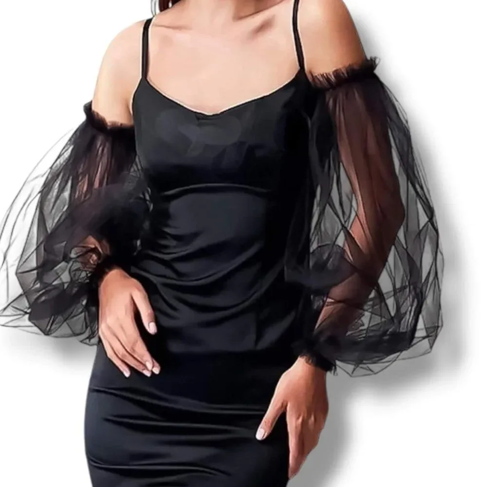 Black Long Tulle Puff Ruffle Arm Covers Sleeves OSFM NWT